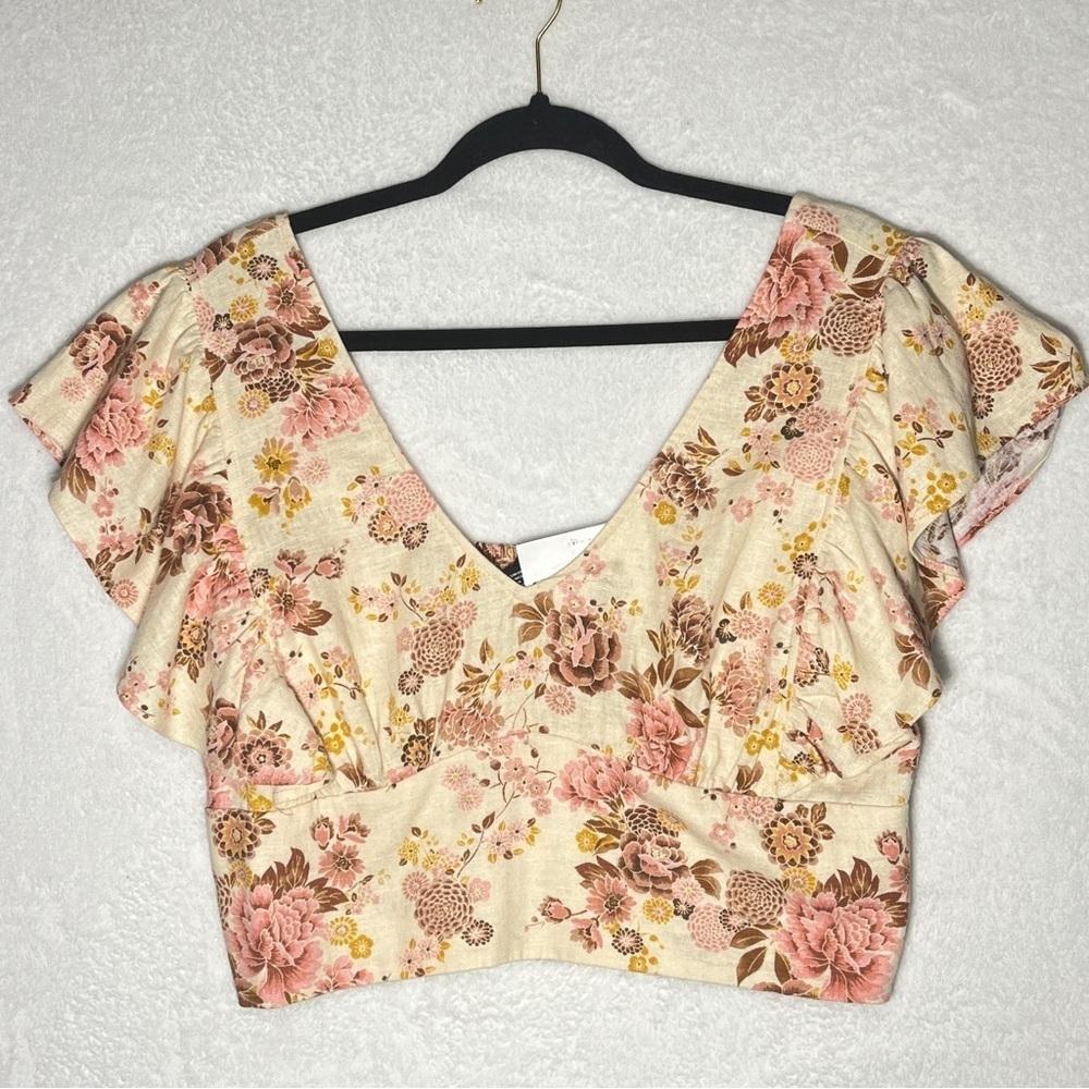 FOREVER 21 Floral Linen Blend Crop Top NWT Cream Pink Flutter Sleeves Size Large